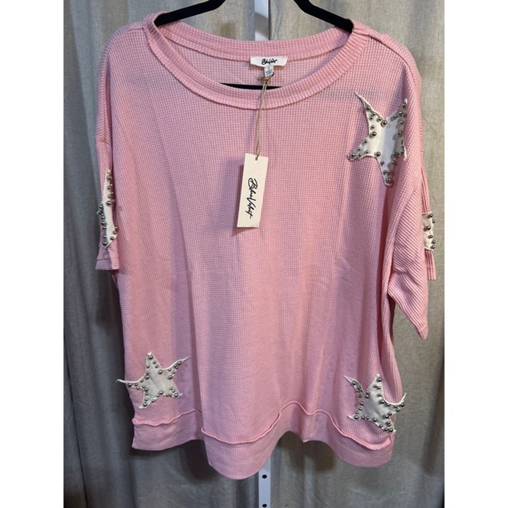 Bluevelvet Pink Waffle Knit Beaded Star Patch Oversized Tee NWT S - Picture 2 of 5